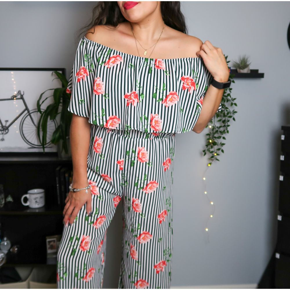 Off the Shoulder Floral Striped Wide Leg Jumpsuit